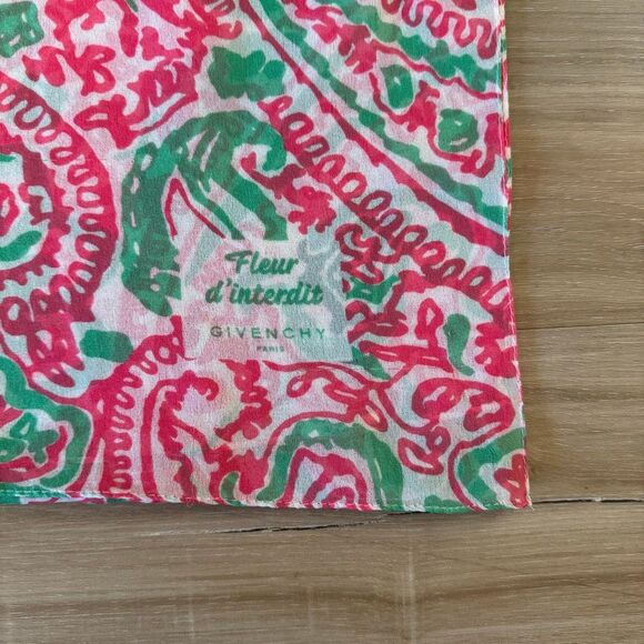 Vintage 90s Givenchy Fleur d'Interdit Silk Scarf Pink Green White Print Designer - Picture 2 of 4
